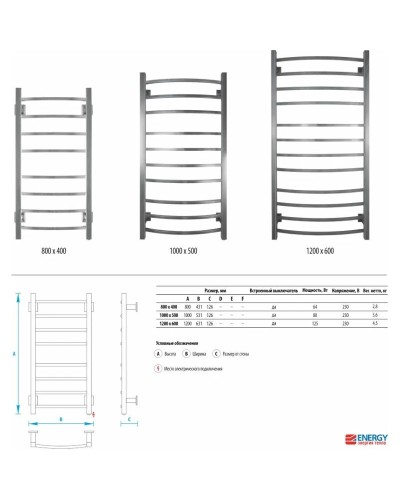 Полотенцесушитель электрический 1200x600 Energy Grand EETRGRAND12060R905M