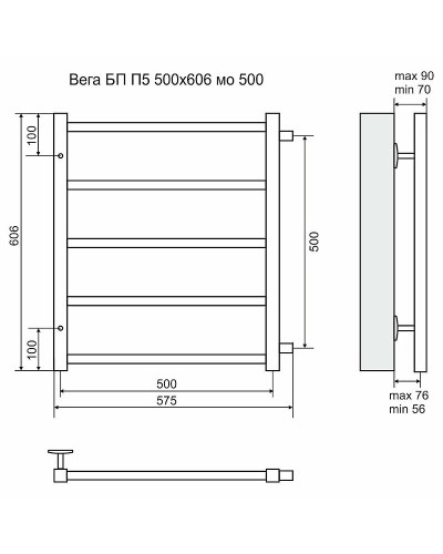 Водяной полотенцесушитель Terminus Вега П5 500x606 4620768886638 Хром с боковым подключением 500