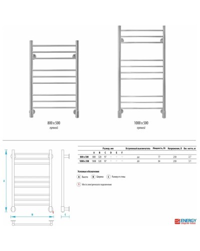 Полотенцесушитель электрический 1000x500 Energy Ergo P EETRERGOP1005000000
