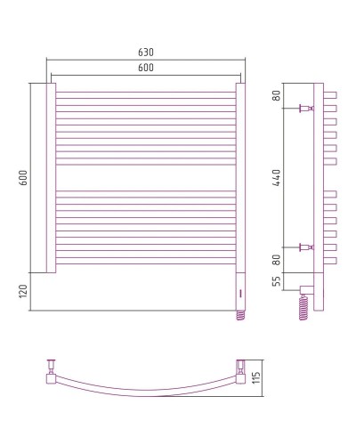 Полотенцесушитель электрический 600х600 состаренная латунь МЭМ правый Сунержа Аркус 3.0 051-5705-6060