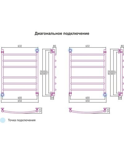 Полотенцесушитель водяной 800x600 подключение диагональное/нижнее медь Сунержа Галант 02-0100-8060