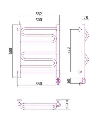 Полотенцесушитель электрический 600x500 ТЭН правый Сунержа Элегия 00-0519-6050
