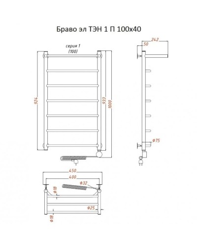 Электрический полотенцесушитель Тругор Браво 1 элТЭН 100x40 с полкой Хром