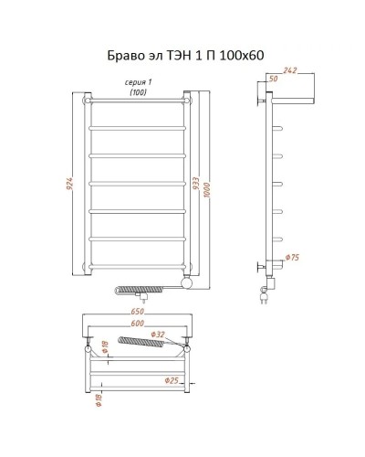 Электрический полотенцесушитель Тругор Браво 1 элТЭН 100x60 с полкой Хром