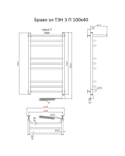 Электрический полотенцесушитель Тругор Браво 3 элТЭН 100x40 с полкой Хром