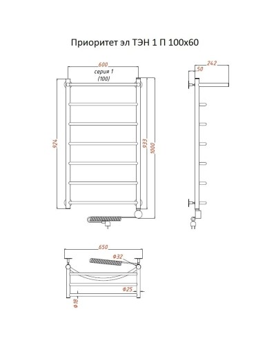 Электрический полотенцесушитель Тругор Приоритет 1 элТЭН 100x60 с полкой Хром