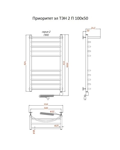 Электрический полотенцесушитель Тругор Приоритет 2 элТЭН 100x50 с полкой Хром