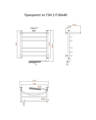 Электрический полотенцесушитель Тругор Приоритет 2 элТЭН 60x40 с полкой Хром