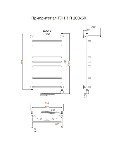 Электрический полотенцесушитель Тругор Приоритет 3 элТЭН 100x60 с полкой Хром
