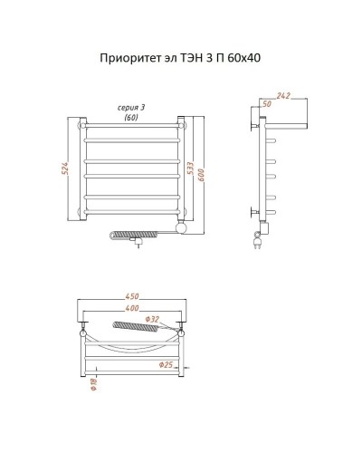 Электрический полотенцесушитель Тругор Приоритет 3 элТЭН 60x40 с полкой Хром