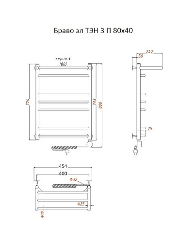 Электрический полотенцесушитель Тругор Браво 3 П элТЭН 80x40 с полкой Хром