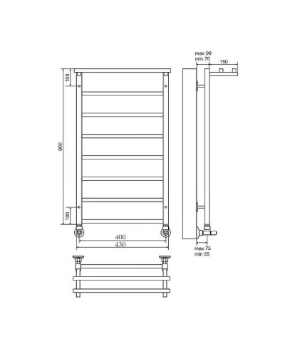 Водяной полотенцесушитель Terminus Контур П8 400х900 4660059582481 с полкой Хром