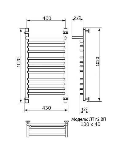 Водяной полотенцесушитель Ника Trapezium ЛТ (Г2) ВП 100/40 с полкой Хром