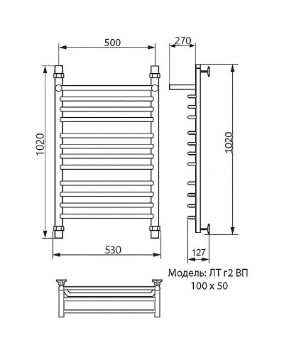 Водяной полотенцесушитель Ника Trapezium ЛТ (Г2) ВП 100/50 с полкой Хром