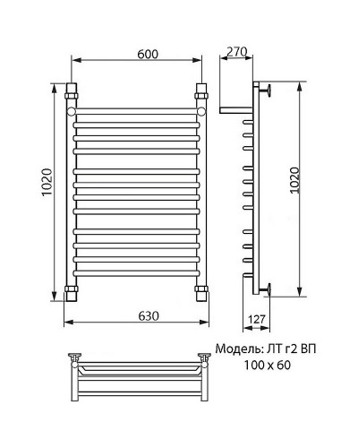 Водяной полотенцесушитель Ника Trapezium ЛТ (Г2) ВП 100/60 с полкой Хром