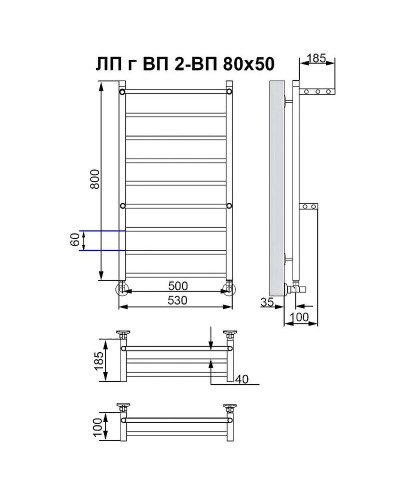 Водяной полотенцесушитель Ника Classic ЛП (Г) ВП 80/50 (2-ВП) с полкой Хром