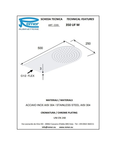 Верхний душ 500х250 мм Remer 350UFM