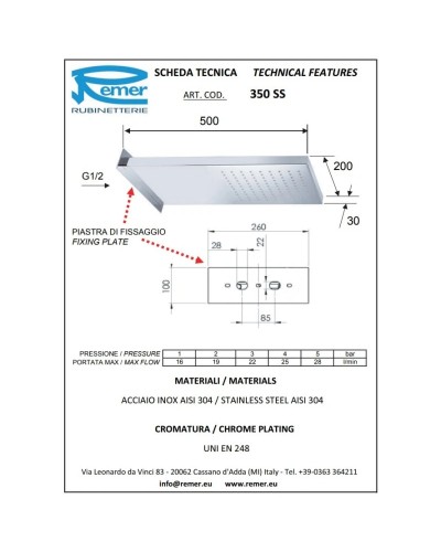 Верхний душ 500х200 мм Remer 350SS