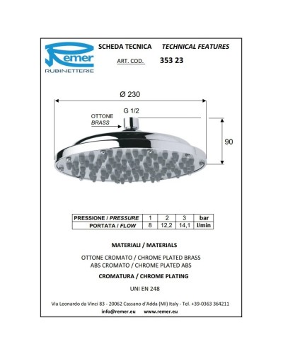 Верхний душ 230 мм Remer 35323