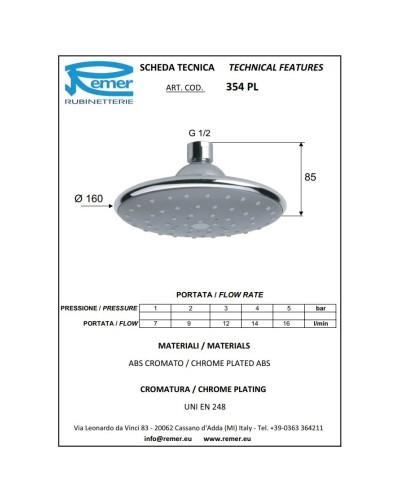 Верхний душ 160 мм Remer 354PL