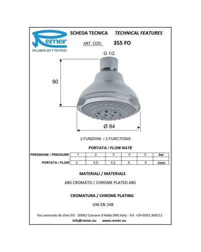 Верхний душ 84 мм Remer 355FO