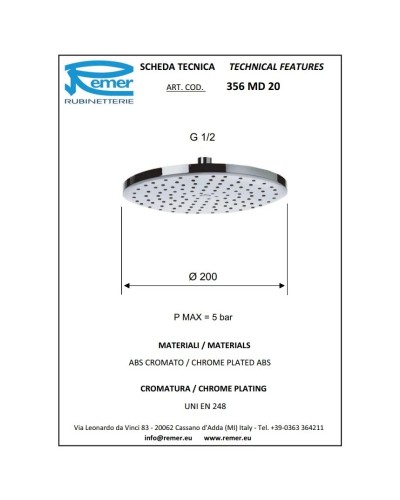 Верхний душ 200 мм Remer 356MD20