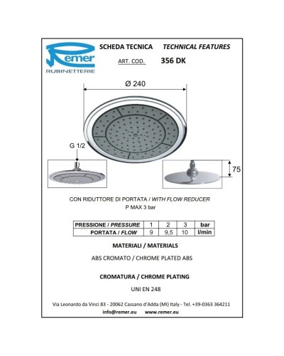 Верхний душ 240 мм Remer 356DK