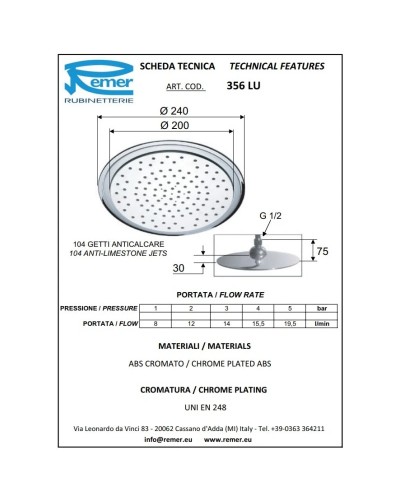 Верхний душ 240 мм Remer 356LU