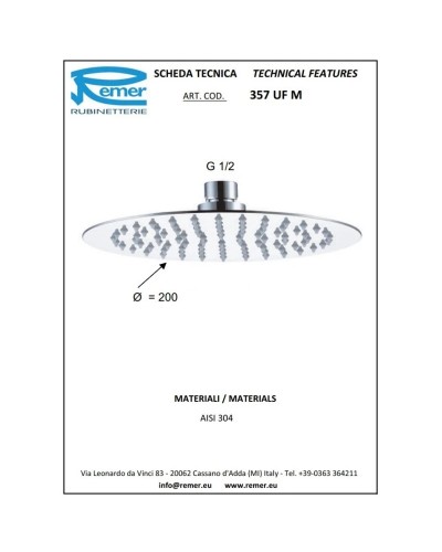 Верхний душ 200 мм Remer 357UFM20