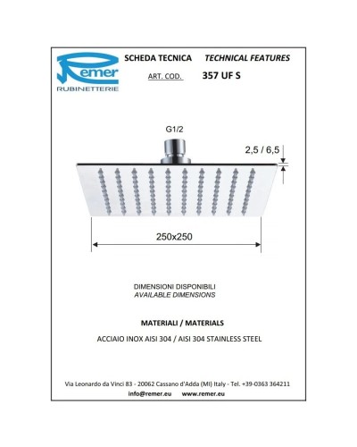 Верхний душ 250 мм Remer 357UFS25