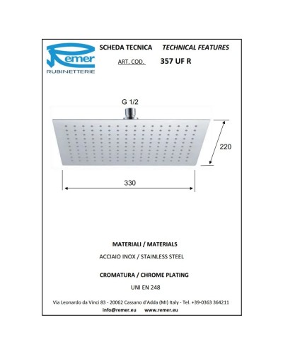 Верхний душ 330х220 мм Remer 357UFR