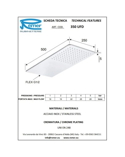 Верхний душ 500х250 мм Remer 350UFDX