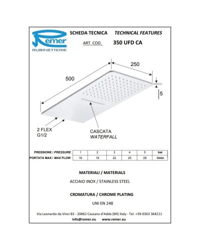 Верхний душ 500х250 мм Remer 350UFDCAX