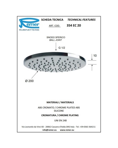 Верхний душ 200 мм Remer 354EC20X