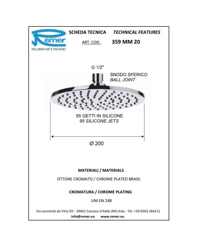 Верхний душ 200 мм Remer 359MM20