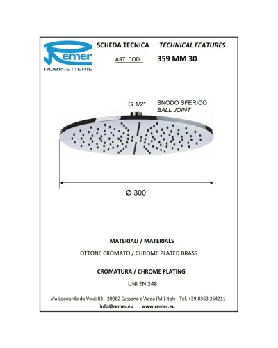 Верхний душ 300 мм Remer 359MM30