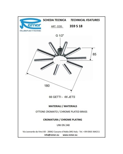 Верхний душ 180 мм Remer 359S18