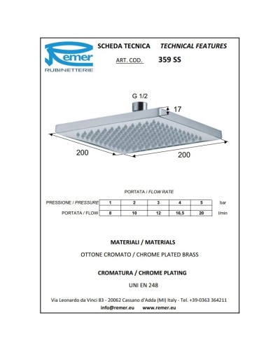Верхний душ 200 мм Remer 359SS