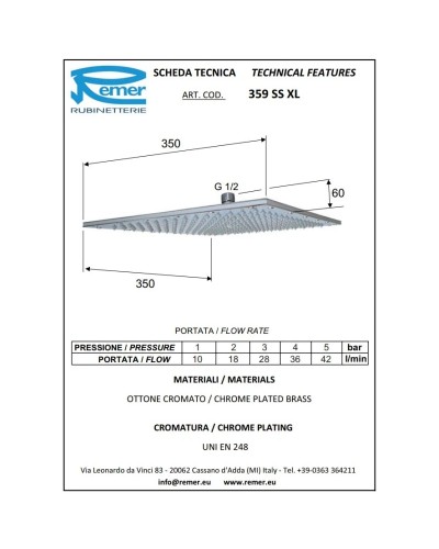 Верхний душ 350 мм Remer 359SSXL