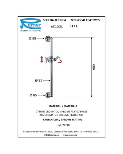 Душевая штанга 60 см Remer 317L
