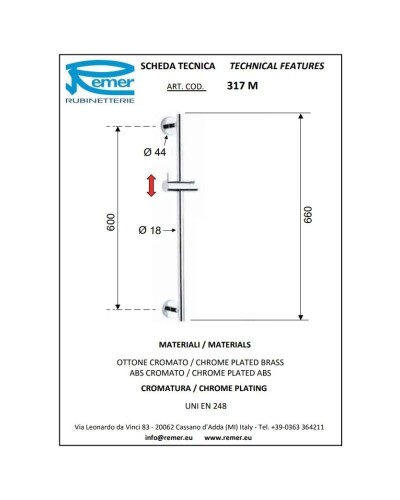 Душевая штанга 66 см Remer 317M