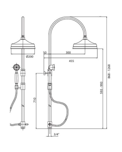 Душевая колонна  для подключения к смесителю через гибкий шланг золото 24 карат, ручка металл Cezares Vintage VINTAGE-CAE-03/24-M