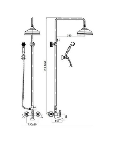 Душевая колонна со смесителем для ванны, верхним и ручным душем хром, ручки хром Cezares Retro RETRO-CVD2-01
