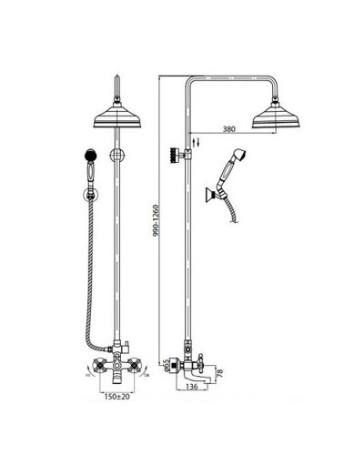 Душевая колонна со смесителем для ванны, верхним и ручным душем хром, ручки хром Cezares Retro RETRO-CVD1-01