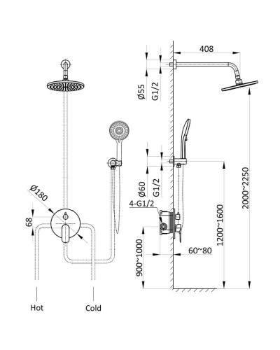 Душевой комплект Vincea Desire VSFW-1D1GM 255 мм, со смесителем, вороненая сталь
