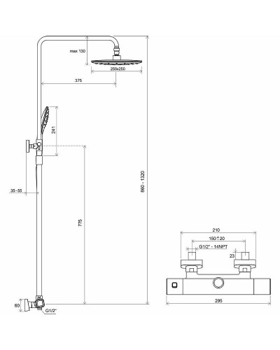 Душевая система Ravak 10° Free TD F 091.00/150 X070141 с термостатом Хром