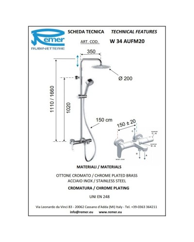 Душевая система 200 мм Remer Winner W34AUFM20