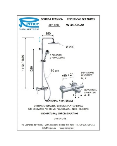 Душевая система 200 мм Remer Winner W34AEC20
