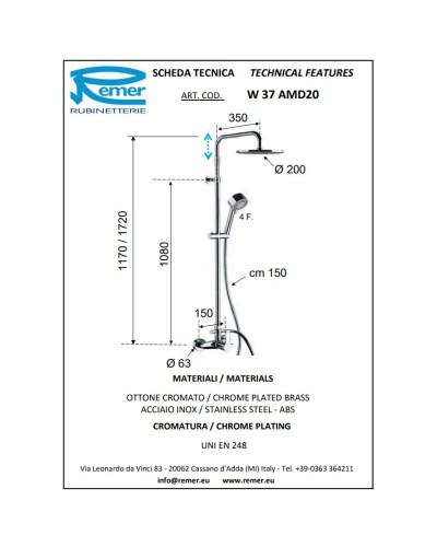 Душевая система 200 мм Remer Winner W37AMD20