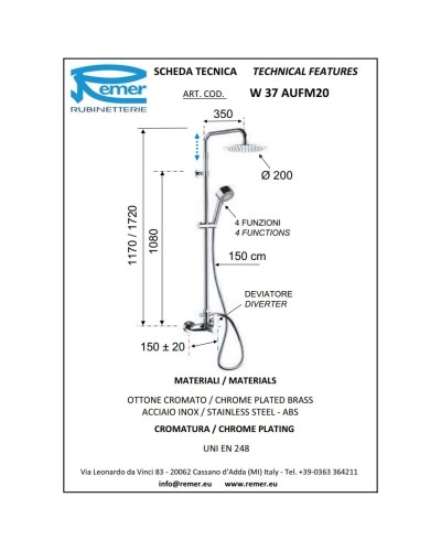 Душевая система 200 мм Remer Winner W37AUFM20